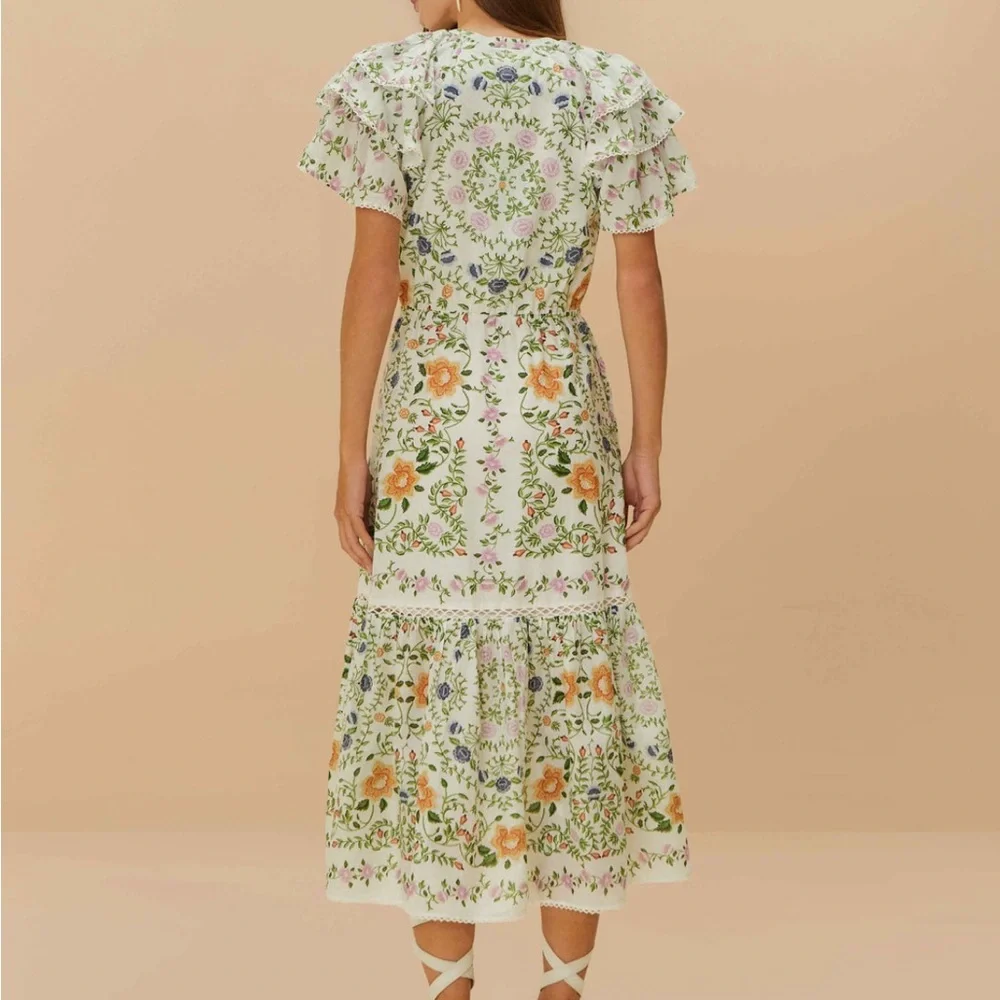 Farm Rio Off-White Folk Floral Lace Midi Dress. L. NWT. - Picture 4 of 14